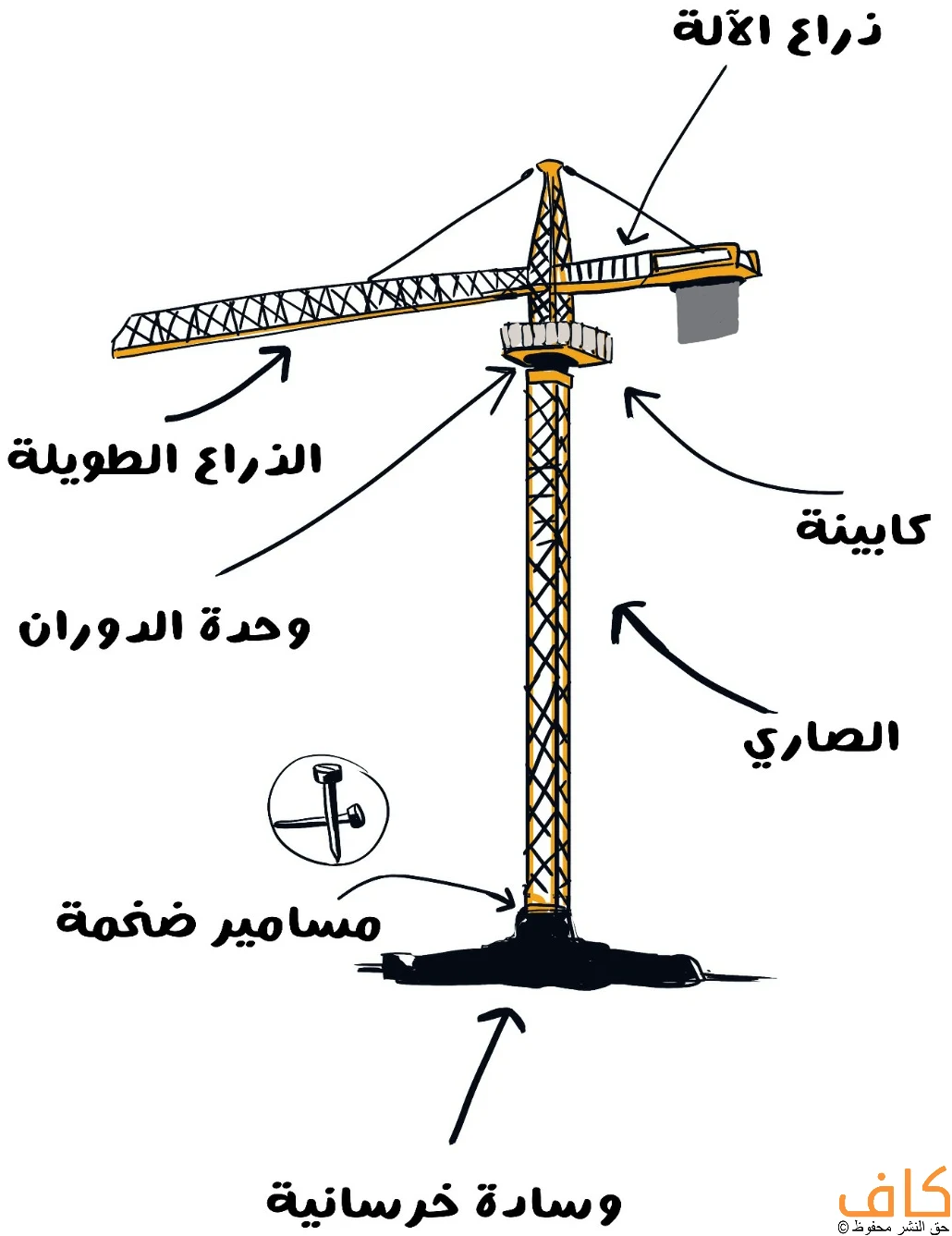 رسم توضيحي يُظهر الرافعة البرجية وأجزائها الأساسية، بما في ذلك الصاري المعدني، والذراع الطويلة، وذراع الآلة المقابلة لها، والكابينة، ووحدة الدوران في الأعلى، وقاعدة خرسانية ضخمة مُثبتة عليها الرافعة بمسامير كبيرة.