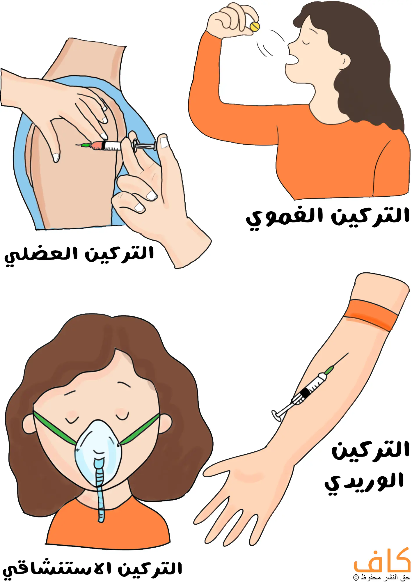 رسم توضيحي يُظهر أربع لقطات لأنواع مختلفة من طرق التَركين الدوائي، تشمل امرأة تتناول حبة دواءً عن طريق الفم، وحقنة يتم ادخالها في عضلة الكتف، وحقنة أخرى يتم ادخالها في وريد الساعد، وامرأة ترتدي قناع أكسجين للاستنشاق.