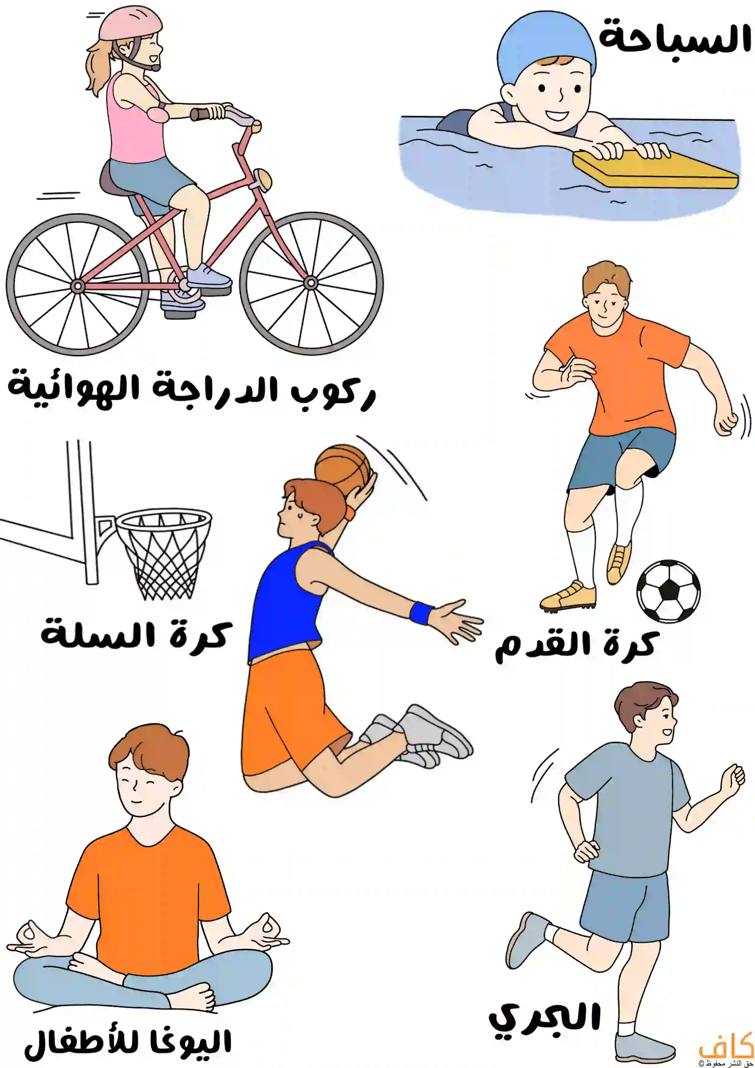 رسمة توضيحية تُظهر مجموعة من الأطفال يمارسون أنواعًا مختلفة من الرياضات المفيدة، منها ركوب الدراجة الهوائية، والسباحة، ولعب كرة القدم، وكرة السلة، والجري، إضافة إلى طفل يجلس في وضعية تأمل لممارسة اليوغا.