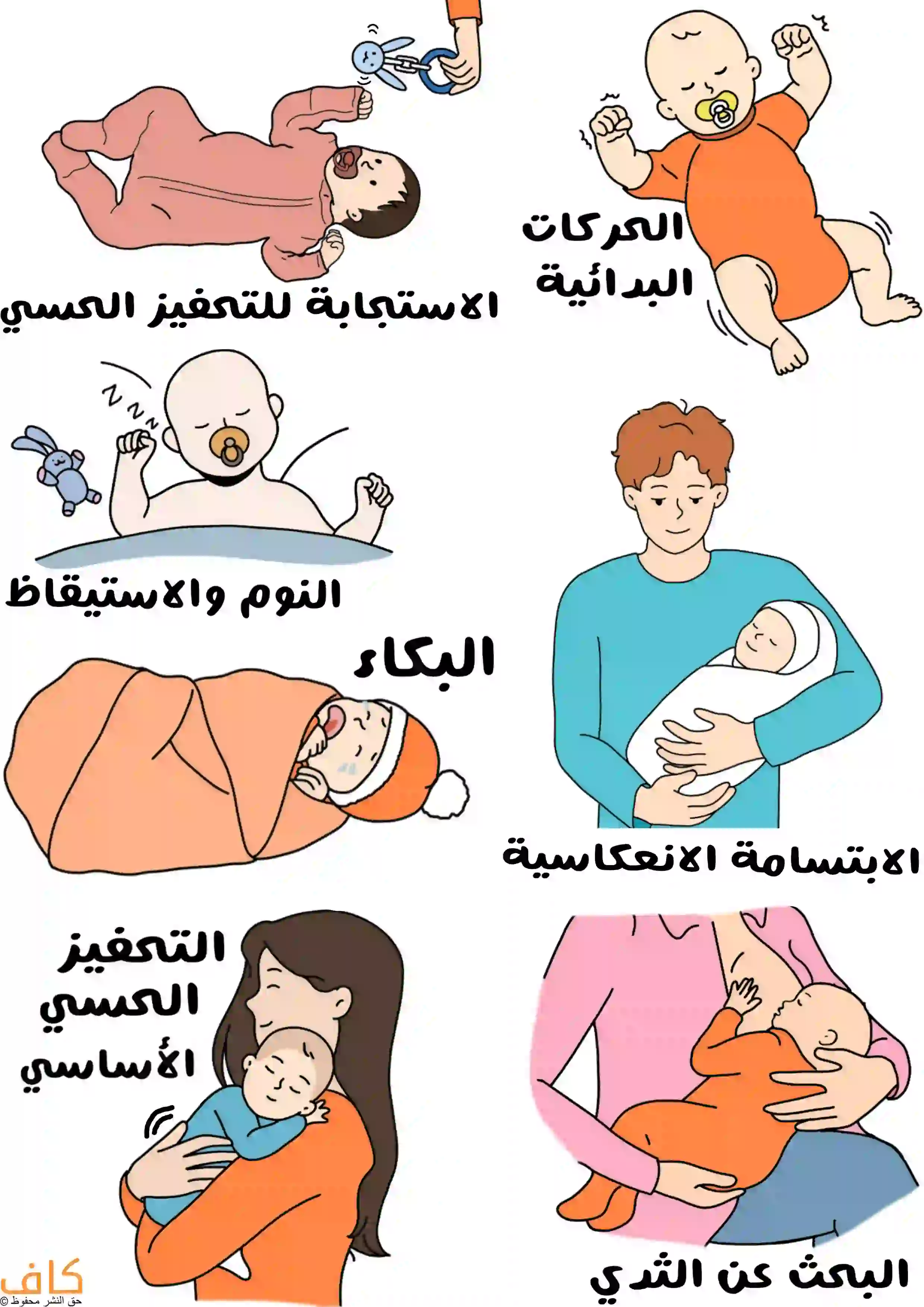 رسمة توضيحية تُظهر عدة مشاهد لسلوكيات شائعة عند الطفل حديث الولادة، مثل طفل يبكي وهو ملفوف ببطانية، وآخر يرفع أطرافه بحركات عشوائية، وطفل يبتسم في حضن والده، وآخر نائم بهدوء وتوجد لهاية في فمه، وطفل يتفاعل مع لعبة تُقدَّم له، وآخر مستلقٍ على كتف والدته في وضع مريح وهي تضع يدها خلف ظهره، وطفل يرضع من ثدي أمه.