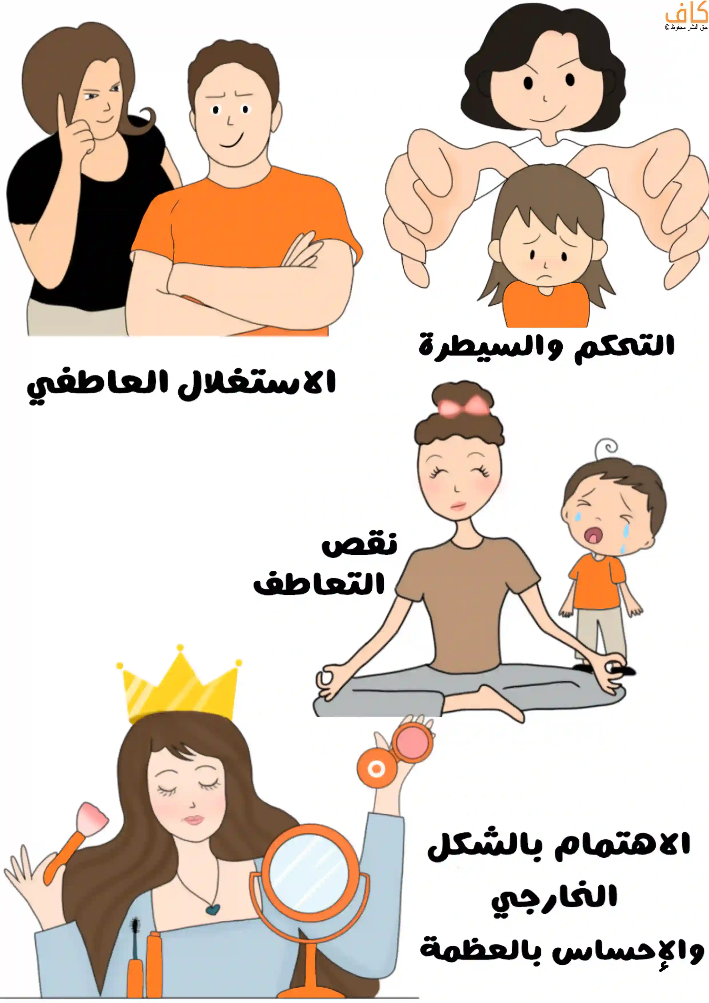 رسم توضيحي يتضمن أم تتحكم بطفلها بيديها، وأخرى تستغل شخصاً عاطفياً، وأم تمارس التأمل متجاهلة طفلها الباكي، وامرأة تضع مستحضرات تجميل وتضع تاجاً ذهبياً.