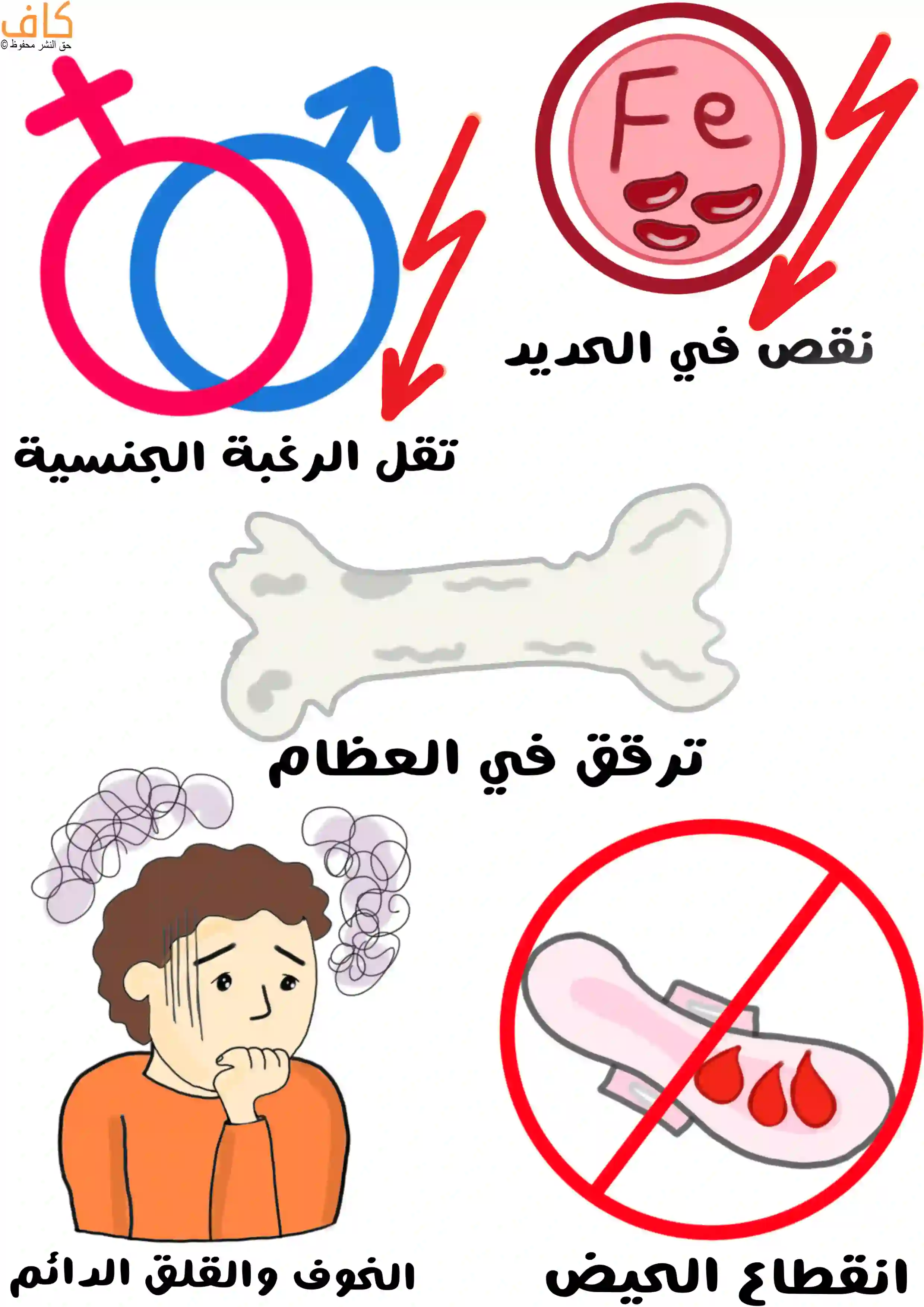 رسمة توضيحية تُظهر مجموعة من المضاعفات الجسدية والنفسية، منها شعار الذكر والأنثى يتوسطهما سهم هابط للدلالة على ضعف الرغبة الجنسية، وأيقونة عنصر الحديد مع سهم هابط للدلالة على نقصه، وعظم هشّ يمثل ترقق العظام، وفتاة خائفة تحيطها غيوم داكنة تعبّر عن شعورها بالقلق، إضافة إلى فوط صحية وعليها إشارة منع ترمز لانقطاع الحيض.
