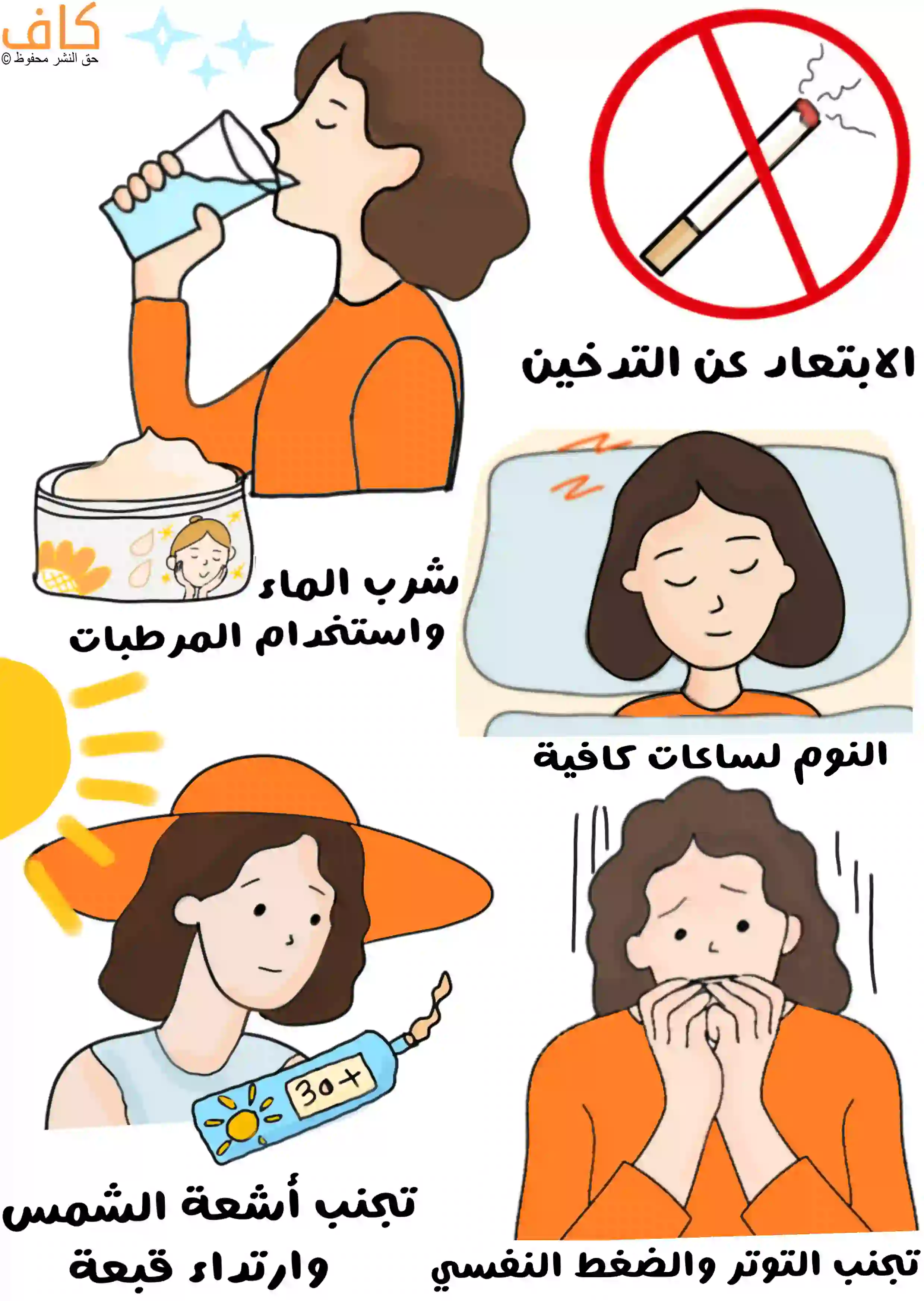 صورة توضيحية تُظهر امرأة تشرب الماء وتضع كريم ترطيب على بشرتها، وأخرى نائمة بعمق على وسادتها، ورسم لعلامة منع التدخين، وامرأة ترتدي قبعة وتضع واقياً شمسياً، وأخرى تبدو متوترة وتمسك يديها بقلق.