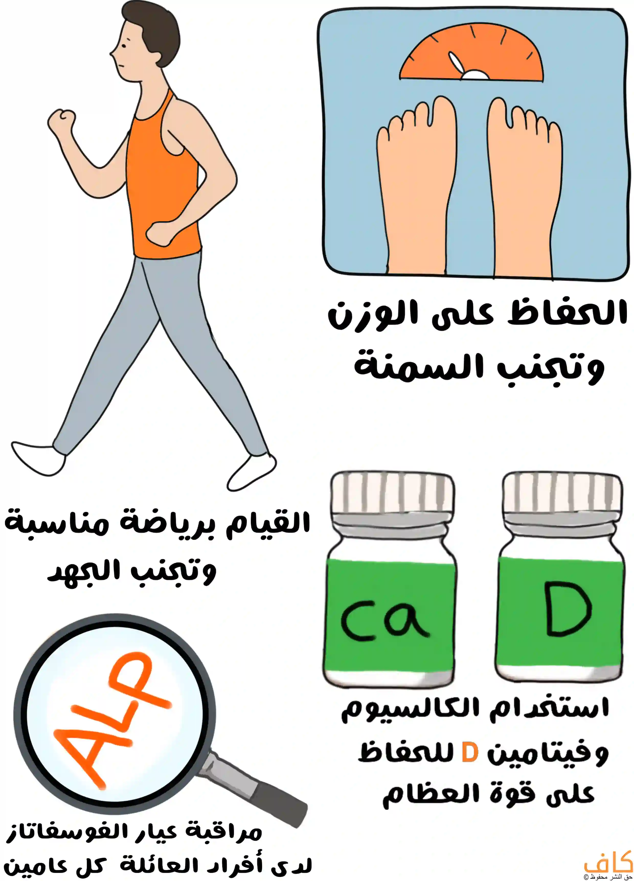 رسم توضيحي يُظهر شخصاً يمارس رياضة المشي، وميزاناً يشير إلى الحفاظ على الوزن وتجنب السمنة، وعبوتين لمكمّلات الكالسيوم وفيتامين D للحفاظ على قوة العظام، وعدسة مكبّرة تُظهر رمز ALP للدلالة على مراقبة إنزيم الفوسفاتاز القلوي لدى أفراد العائلة.