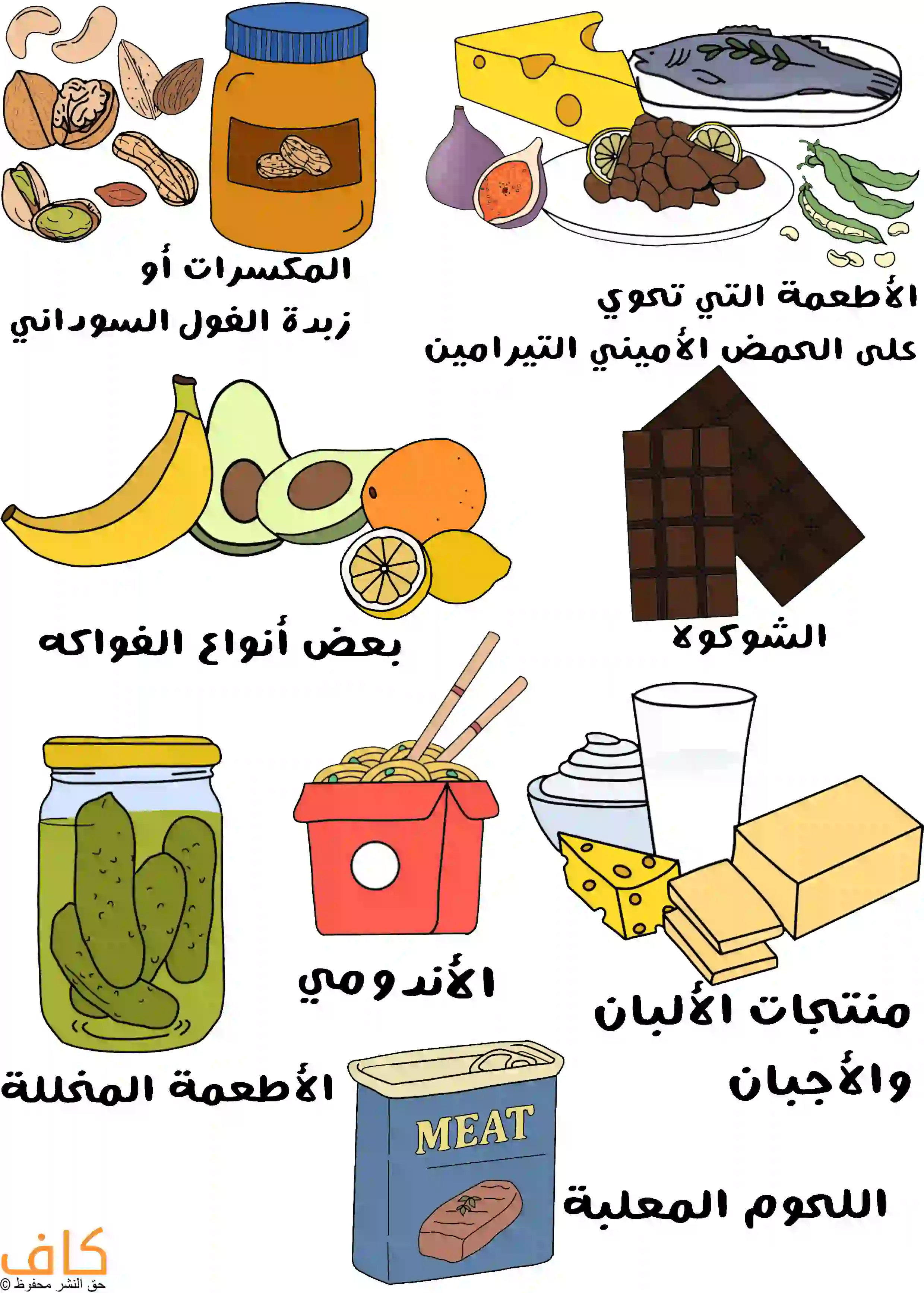 رسم توضيحي يُظهر عدة أنواع من الأطعمة تشمل المكسرات وزبدة الفول السوداني، وقطع الجبن والسمك، وفاكهة مثل الموز والأفوكادو والحمضيات، وقطع شوكولاتة، إضافةً إلى مخللات ونودلز سريعة التحضير، ومنتجات ألبان وأجبان، وعلبة لحم معلب، ويُعبّر عن الأطعمة المحفّزة لنوبات الشقيقة.