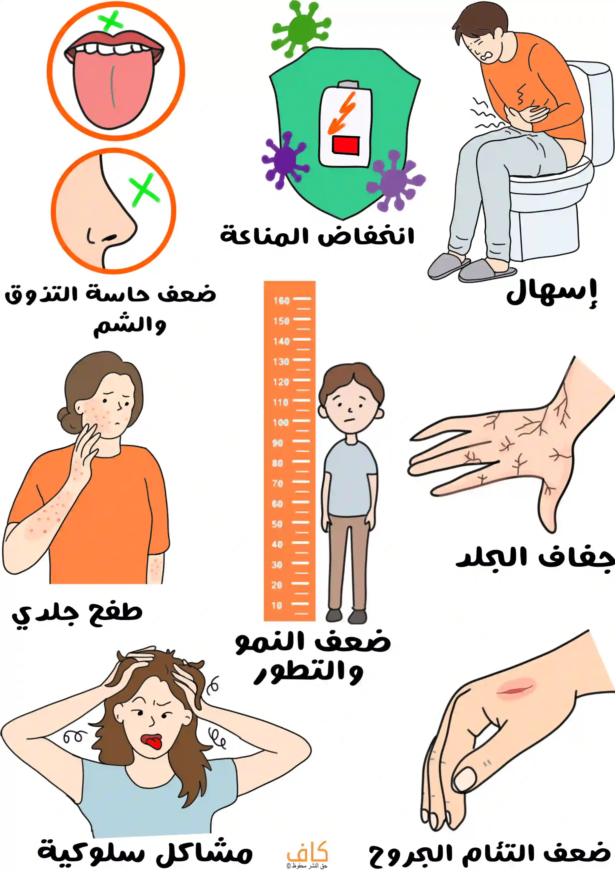 رسم توضيحي يشمل درعًا يرمز للمناعة مع رموز جراثيم، وشخصًا جالسًا على المرحاض ممسكًا ببطنه، وشخصًا يعاني طفحًا جلديًا على الوجه والذراع، ومسطرة طول مع طفل قصير القامة، ويدًا بجلد متشقق، وشخصًا يظهر سلوكًا منزعجًا، ويدًا مع جرح سطحي، ويُعبّر عن أعراض انخفاض مستويات الزنك في الدم.