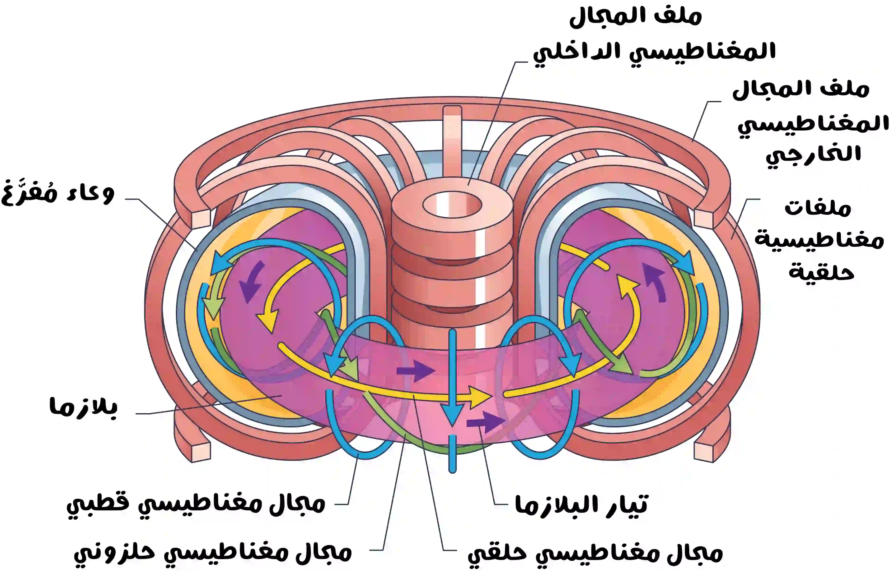 رسم توضيحي مقطعي لجهاز دائري يحتوي على ملفات مغناطيسية متعددة تحيط بحجرة داخلية مفرغة، مع أسهم ملوّنة تبيّن اتجاهات مجالات مغناطيسية مختلفة وتيار بلازما حلقي داخل الجهاز.