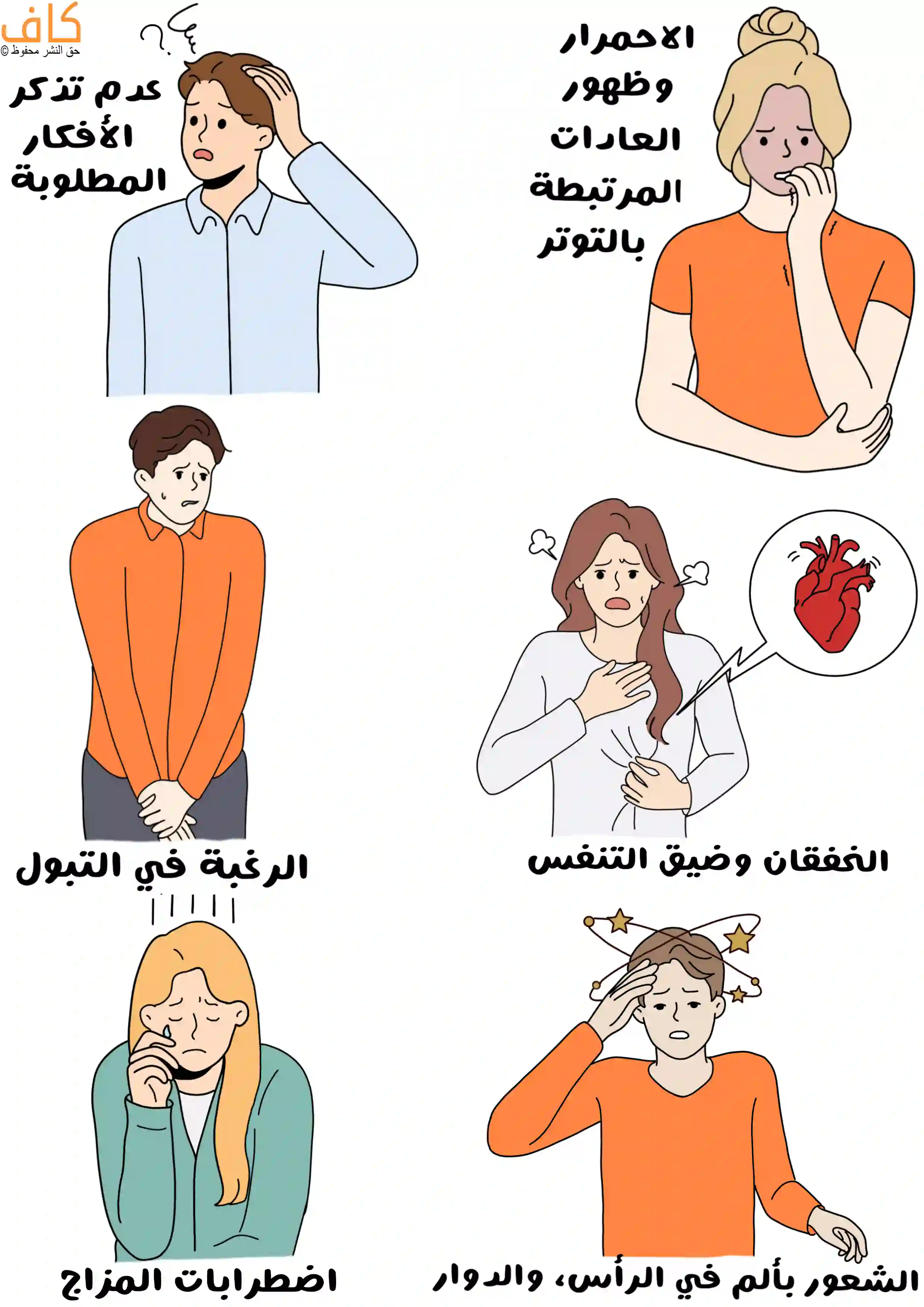 رسم توضيحي يُظهر رجل يضع يده على رأسه مع تعبير حيرة، وامرأة تعض أظافرها مع احمرار في الوجه، وشخص يقف متقوقعًا مع تلاصق الساقين، وامرأة تمسك صدرها مع رمز قلب، وامرأة تبكي بانخفاض في المعنويات، وشخص يمسك رأسه مع رموز دوران.