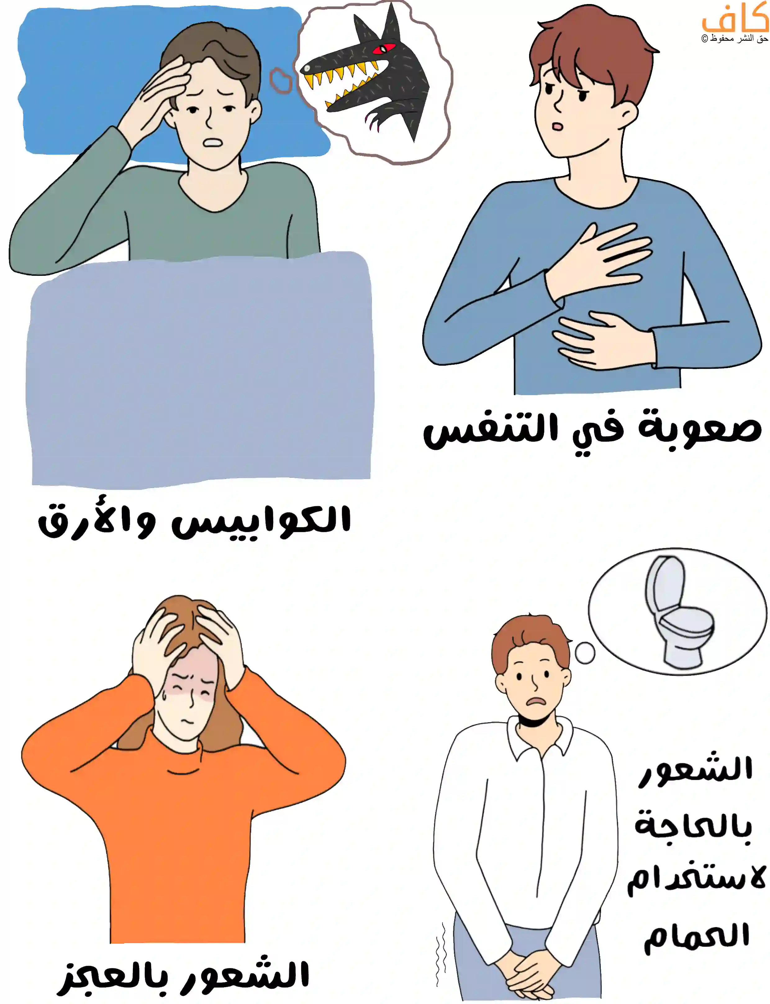 رسم توضيحي لرجل ممدد في السرير يعاني من الكوابيس والأرق، ورجلً يضع يده على صدره دلالة على صعوبة التنفس، وفتاة تمسك رأسها ويظهر على وجهها تعبيرًا يدل على الشعور بالعجز، وشخص يقف متوترًا مع إحساس ملحّ بالحاجة لاستخدام الحمام.