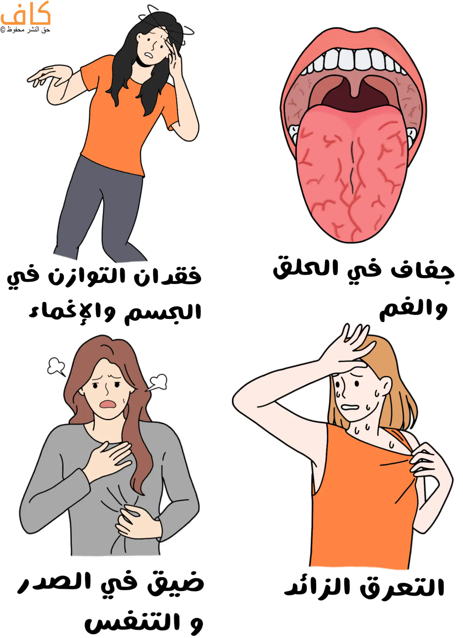 رسم توضيحي يُظهر امرأة تميل بجسمها وتمسك رأسها مع خطوط دوار تدل على فقدان التوازن، وفم مفتوح يُظهر لسانًا جافًا ومتشقّقًا، وامرأة تمسك صدرها وبطنها مع تعبير ضيق، وامرأة تتعرق بغزارة وتمسح جبينها وترفع جزءًا من ملابسها.