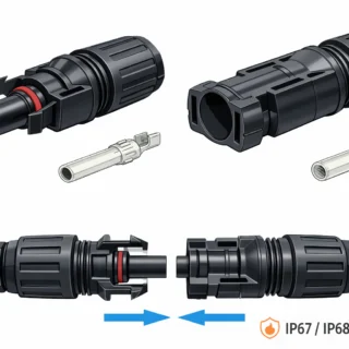 وصلة MC4 المستخدمة في أنظمة الطاقة الشمسية، مع بيان طرفيها الذكر والأنثى وأجزاء الإحكام والتلامس الداخلي. تساعد هذه الوصلة على نقل التيار بأمان مع تثبيت محكم ومقاومة جيدة للماء والغبار في الاستخدام الخارجي