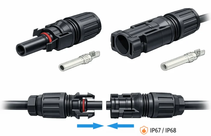 وصلة MC4 المستخدمة في أنظمة الطاقة الشمسية، مع بيان طرفيها الذكر والأنثى وأجزاء الإحكام والتلامس الداخلي. تساعد هذه الوصلة على نقل التيار بأمان مع تثبيت محكم ومقاومة جيدة للماء والغبار في الاستخدام الخارجي