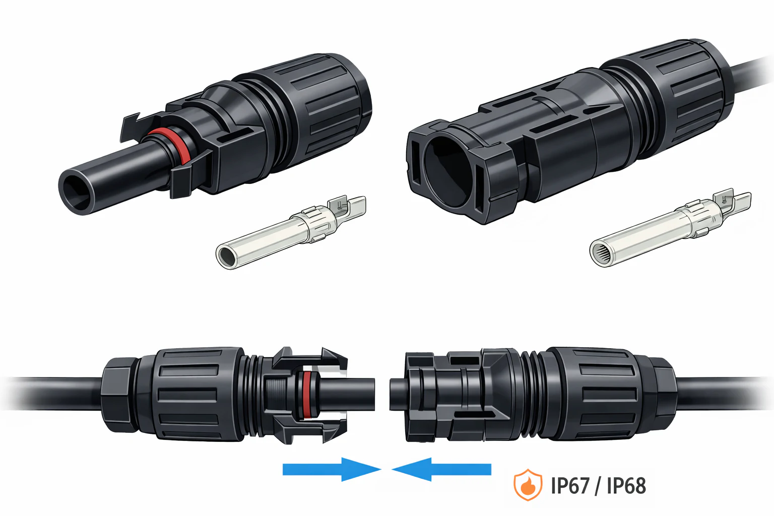 وصلة MC4 المستخدمة في أنظمة الطاقة الشمسية، مع بيان طرفيها الذكر والأنثى وأجزاء الإحكام والتلامس الداخلي. تساعد هذه الوصلة على نقل التيار بأمان مع تثبيت محكم ومقاومة جيدة للماء والغبار في الاستخدام الخارجي