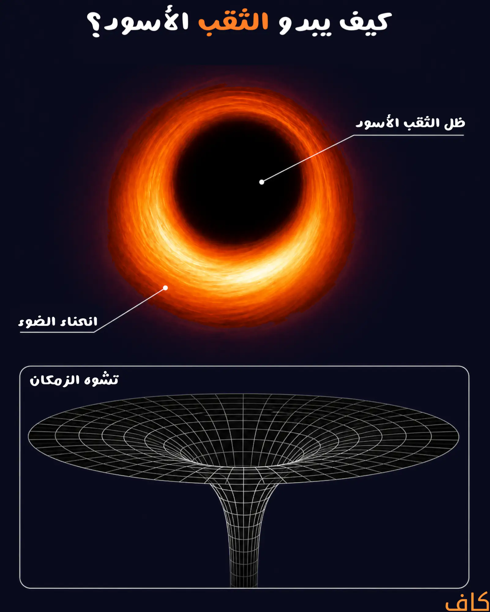 رسم توضيحي يُبيّن شكل الثقب الأسود وانحناء الضوء في الفضاء حول الثقب الأسود بالإضافة لوجود رسمة توضح تشوه الزمكان