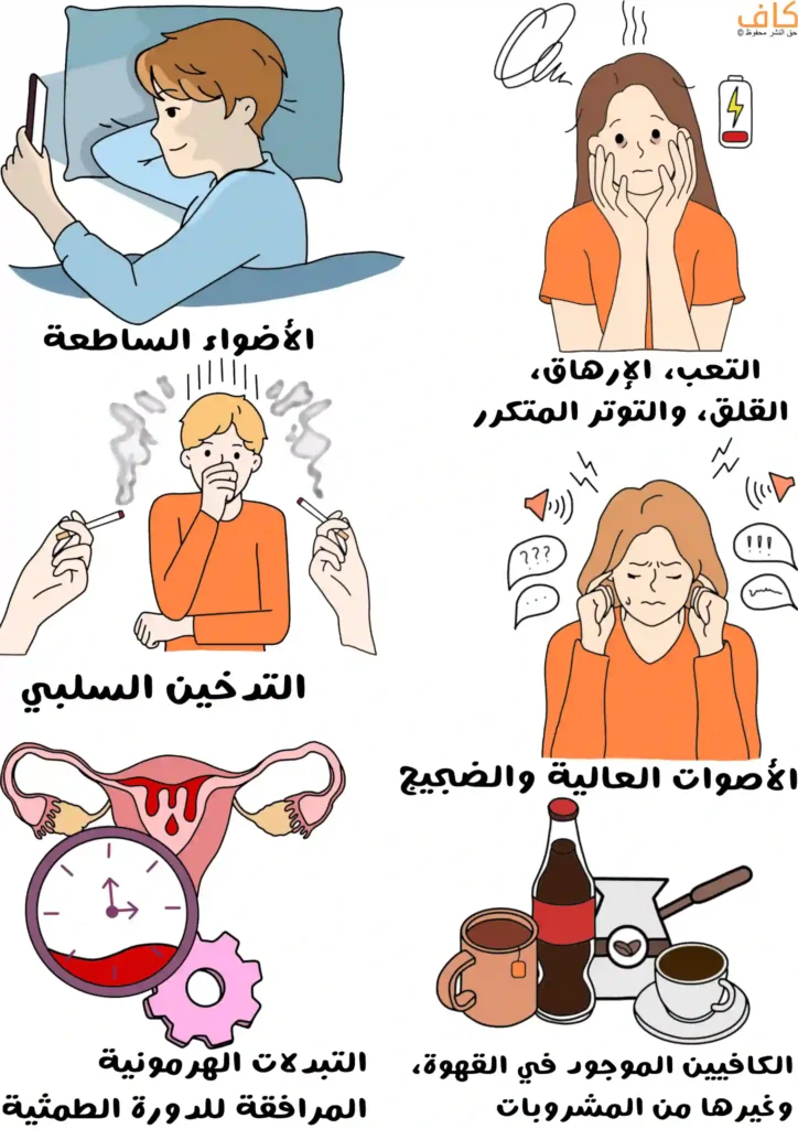 رسم توضيحي يُظهر مجموعةً من المحفزات الشائعة لنوبة الشقيقة عند الأطفال، تشمل طفلًا ينظر إلى هاتفٍ مضيء في الظلام، وفتاةً تبدو متعبةً وقلقة، وطفلًا يتعرض لدخان السجائر، وفتاةً منزعجة من الأصوات العالية، ورسمًا يوضح التبدلات الهرمونية للدورة الطمثية للرحم، ومشروباتٍ تحتوي على الكافيين مثل القهوة والمشروبات الغازية.
