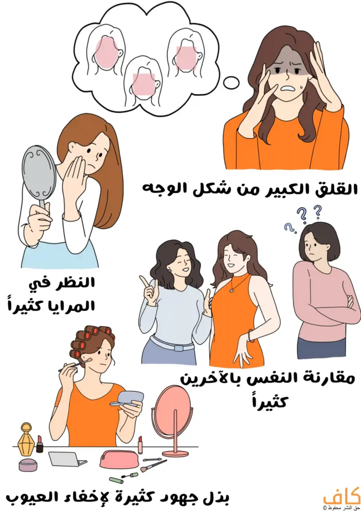 رسم توضيحي يُظهر عدة مشاهد لنساء؛ إحداهن تنظر إلى وجهها بقلق في مرآة يدوية، وأخرى تمسك رأسها بتوتر مع فقاعة تفكير تحتوي على شكل مربع او مدوّر للوجه، وامرأتين تقفان معًا بينما تنظر إليهما امرأة ثالثة بحيرة، وامرأة تضع مستحضرات تجميل أمام مرآة مع أدوات مكياج.