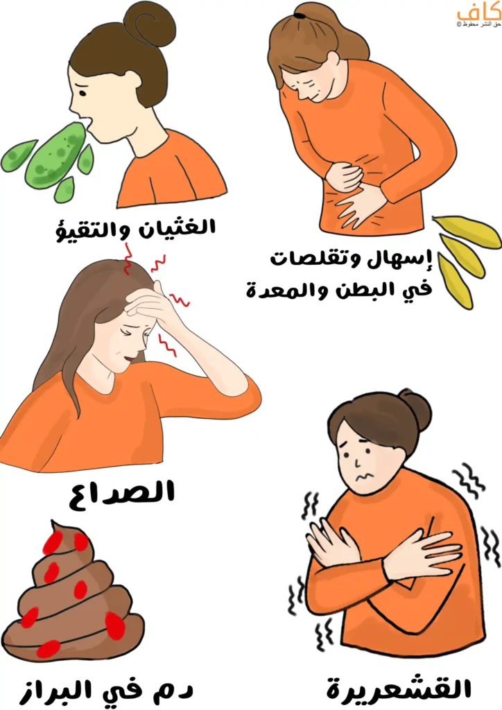 رسم توضيحي يضم عدة مشاهد لأعراض هضمية، تشمل شخصًا يتقيأ، وآخر يمسك بطنه مع إسهال، وامرأة تعاني صداعًا، وبرازًا يحتوي على بقع دم حمراء، وامرأة ترتجف واضعًة ذراعيها على صدرها.