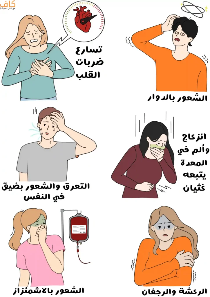 رسمة توضيحية تُظهر مجموعة من الأشخاص تظهر عليهم أعراض رهاب الدم من خلال امرأة تضع يديها على صدرها وتشعر بتسارع ضربات القلب، وشخص يضع يده على رأسه ويبدو عليه الدوار، وآخر يتعرق بشدة ويشعر بضيق في التنفس، وامرأة تمسك بطنها وفمها وتعاني من الغثيان، وأخرى تسد أنفها بيدها وتشعر بالاشمئزاز، وامرأة ترتجف ويبدو وجهها شاحبًا.