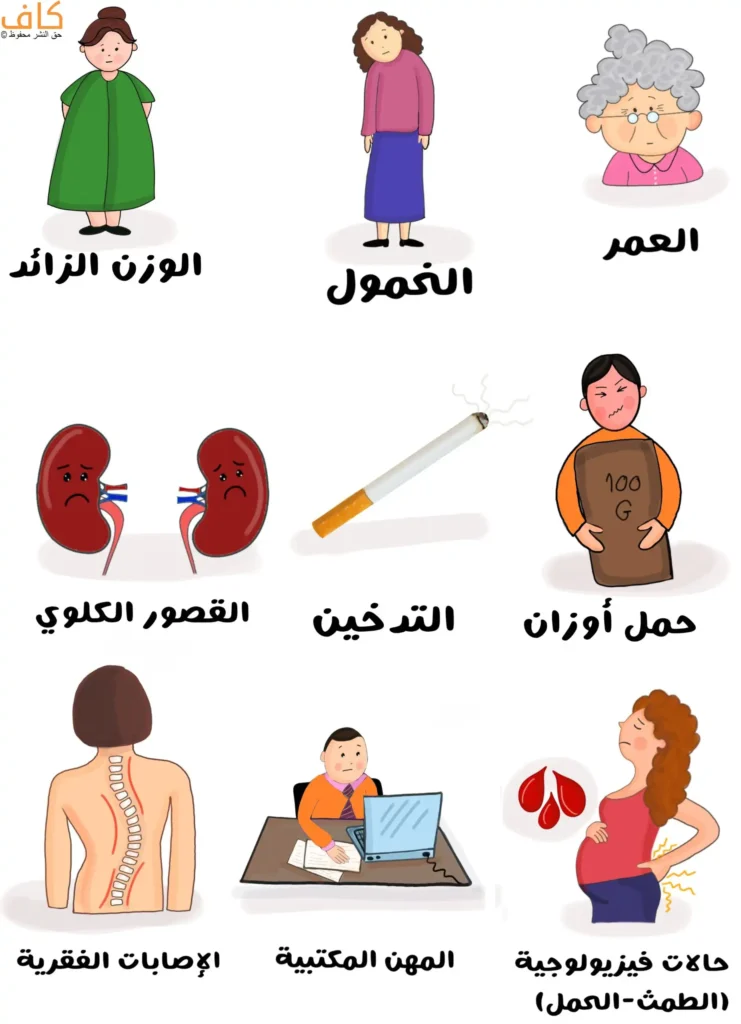رسم توضيحي يشمل الوزن الزائد، النحول، التقدم في العمر، القصور الكلوي، التدخين، حمل أوزان ثقيلة، إصابات العمود الفقري، العمل المكتبي، وحالات فيزيولوجية مثل الطمث والحمل.