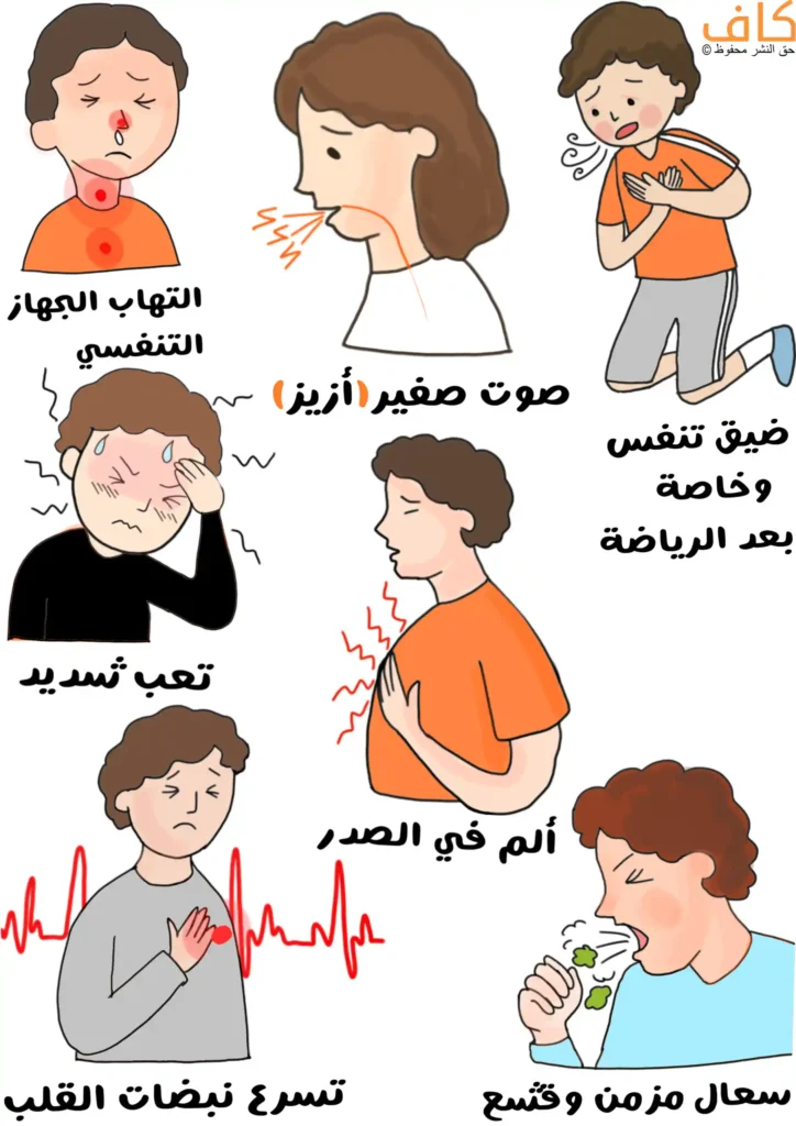 رسم توضيحي يوضح أعراض نقص ألفا-1 أنتي تريبسين، وتشمل التهاب الجهاز التنفسي، صوت صفير أثناء التنفس، ضيق التنفس خاصة بعد المجهود، تعب شديد، ألم في الصدر، تسارع نبضات القلب، وسعال مزمن مع قشع.