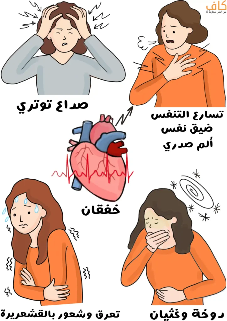 رسم توضيحي يُظهر عدة لقطات لنساء يعانين أعراضًا جسدية مختلفة تشمل الصداع والضغط على الرأس، وصعوبة التنفس مع وضع اليد على الصدر، وصورة لقلب مع موجات نبض، وامرأة تتعرق وتشعر بالقشعريرة، وأخرى تمسك معدتها ويبدو عليها الدوار.