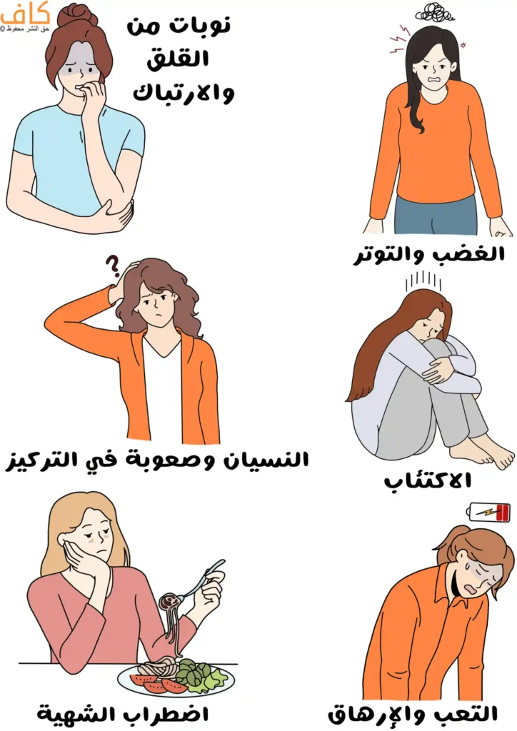 رسم توضيحي يُظهر امرأة تعض أظافرها وتضم ذراعها في وضع قلق، وامرأة تقف بوجه غاضب مع خطوط توتر فوق الرأس، وامرأة تمسك رأسها بحيرة مع علامة استفهام، وامرأة تجلس منكمشة وتعانق ساقيها بحزن، وامرأة تجلس أمام طبق طعام تمسك شوكة دون رغبة، وامرأة منحنية للأمام تبدو مرهقة مع رمز بطارية منخفضة.