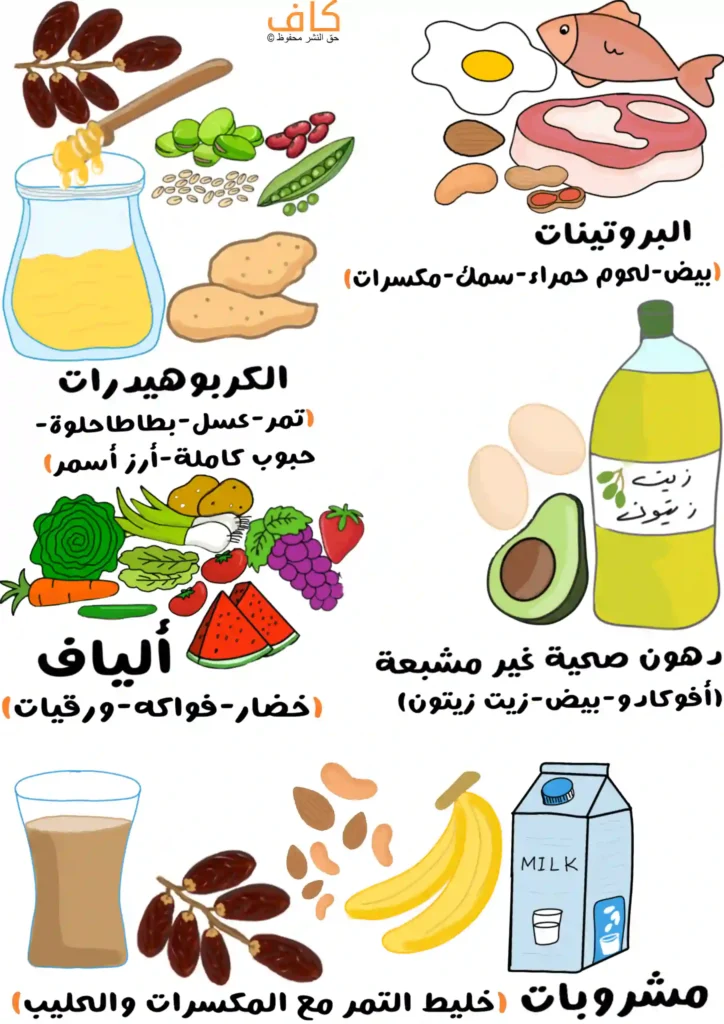 رسم توضيحي يُظهر مجموعات غذائية، تشمل مصادر البروتين مثل البيض والسمك واللحم والمكسرات، والكربوهيدرات مثل التمر والعسل والبطاطا والحبوب الكاملة، وأطعمة غنية بالألياف من خضار وفواكه، ودهونًا صحية غير مشبعة مثل الأفوكادو وزيت الزيتون، إضافة إلى مشروبات تضم الحليب وخليط التمر مع المكسرات والموز.
