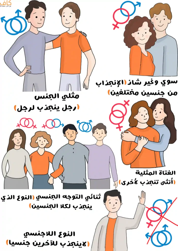 رسم توضيحي يشمل رجلين يقفان متقاربين مع رمز الذكر والذكر، ورجلًا وامرأة يقفان معًا مع رمزي الذكر والأنثى، ومجموعات مختلطة من رجال ونساء مع رموز مزدوجة، وامرأتين في وضعية عناق مع رمز الأنثى والأنثى، وشخصًا يقف منفردًا مع رموز جنسية مشطوبة، ويُعبّر عن أشكال مختلفة من التوجهات الجنسية.