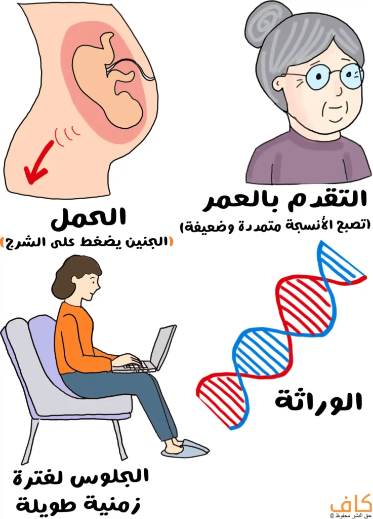 رسمة توضيحية تُظهر امرأة مسنّة ترمز إلى التقدم بالعمر، وامرأة حامل يظهر في بطنها جنين يضغط على الشرج، وامرأة تجلس لفترة طويلة على كرسي وتستخدم الحاسوب، بالإضافة إلى رمز الحمض النووي DNA للدلالة على العامل الوراثي المسبب أحيانا لحدوث البواسير.
