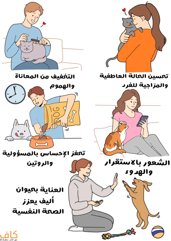 رسم توضيحي يُظهر عدة مشاهد لأشخاص يعتنون بحيوانات أليفة، تشمل فتاة تحتضن قطة، وشاباً يلاعب قطة في حضنه ويقوم بتمشيط ظهرها، وشاباً يملأ وعاء بطعام مخصص للكلاب، وامرأة تجلس بجانب قطة وتمسح على رأسها، وفتاة تدرّب كلبًا على الجلوس.