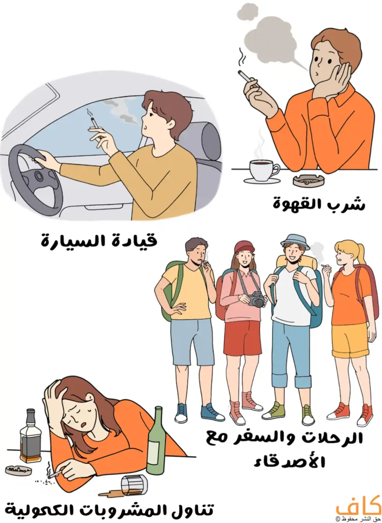 رسم توضيحي يُظهر شخص يقود سيارة ويمسك سيجارة بيده، وشخص يجلس أمام فنجان قهوة ويدخن، ومجموعة أصدقاء يقفون معًا خلال رحلة ويحمل بعضهم حقائب ويدخنون، وامرأة تجلس أمام زجاجة مشروب كحولي وكوب مقلوب وتمسك سيجارة.