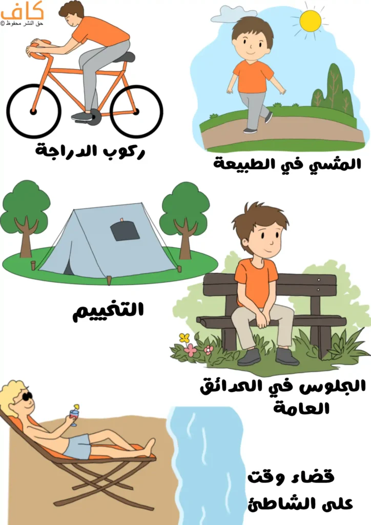 رسم توضيحي يُظهر أنشطة متعددة للتواصل مع الطبيعة، تشمل شخصًا يركب الدراجة الهوائية، وآخر يمشي في الهواء الطلق، وخيمة للتخييم بين الأشجار، وشخصًا يجلس على مقعد في حديقة عامة، وآخر يستلقي على كرسي على الشاطئ قرب البحر.