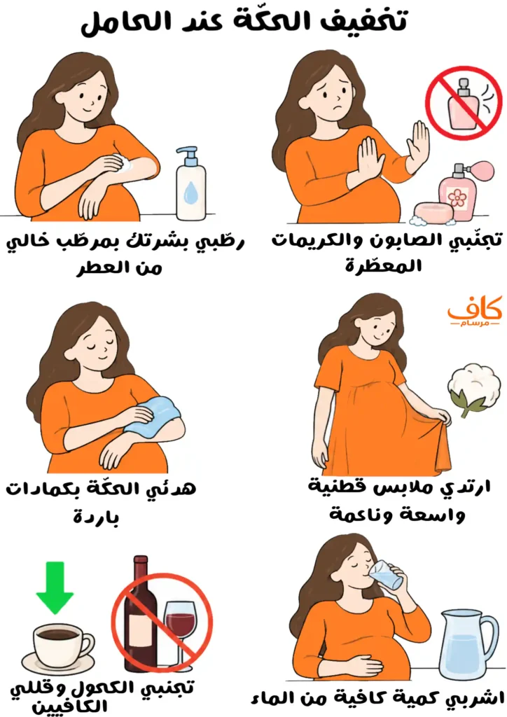 رسمة توضيحية لنصائح تخفيف الحكّة عند الحامل، تشمل تجنّب المنتجات المعطّرة، وترطيب البشرة، وارتداء ملابس قطنية واسعة، واستخدام كمّادات باردة.
