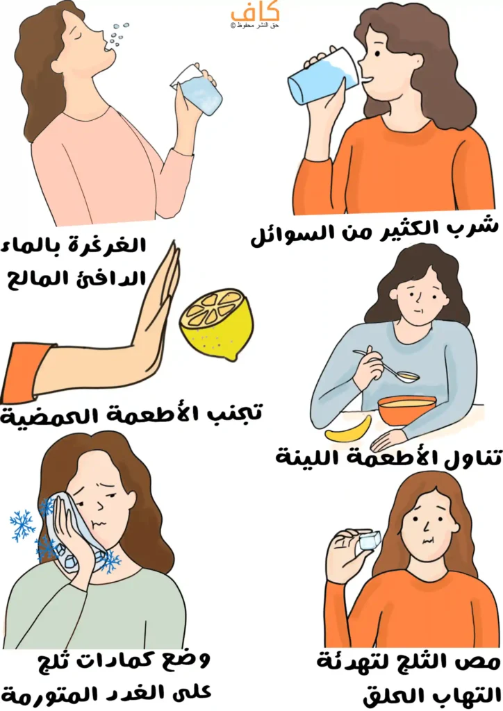 رسم توضيحي يبيّن طرق علاج التهاب الغدد اللعابية الفيروسي، ويشمل شرب كميات كبيرة من السوائل، الغرغرة بالماء الدافئ المالح، تجنب الأطعمة الحمضية، تناول الأطعمة اللينة، وضع كمادات ثلج على الغدد المتورمة، ومصّ قطع الثلج لتهدئة التهاب الحلق.