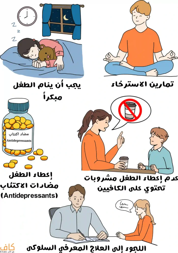 صورة توضيحية تُظهر فتاة نائمة مبكراً وهي تحتضن دميتها، وصبياً يجلس متأملاً يؤدي تمارين الاسترخاء، وأماً تنصح طفلها بتجنب المشروبات التي تحتوي على الكافيين، وزجاجة دواء مكتوب عليها "مضاد اكتئاب"، ومشهداً لطبيب يتحدث مع طفلة في جلسة تعبيرية عن العلاج المعرفي السلوكي.