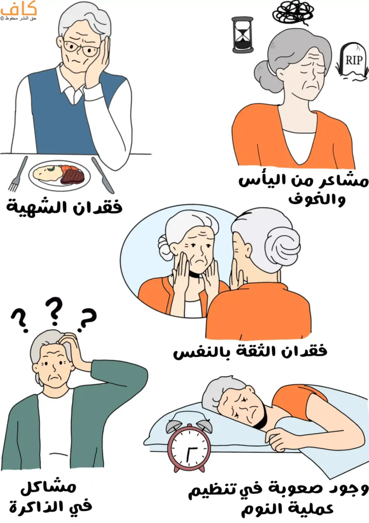 رسم توضيحي يُظهر كبار السن يعانون من فقدان الشهية، مشاكل في النوم، فقدان الثقة بالنفس، مشاكل في الذاكرة، ومشاعر اليأس والخوف، وهو يعبر عن أبرز علامات الاكتئاب عند المسنين.