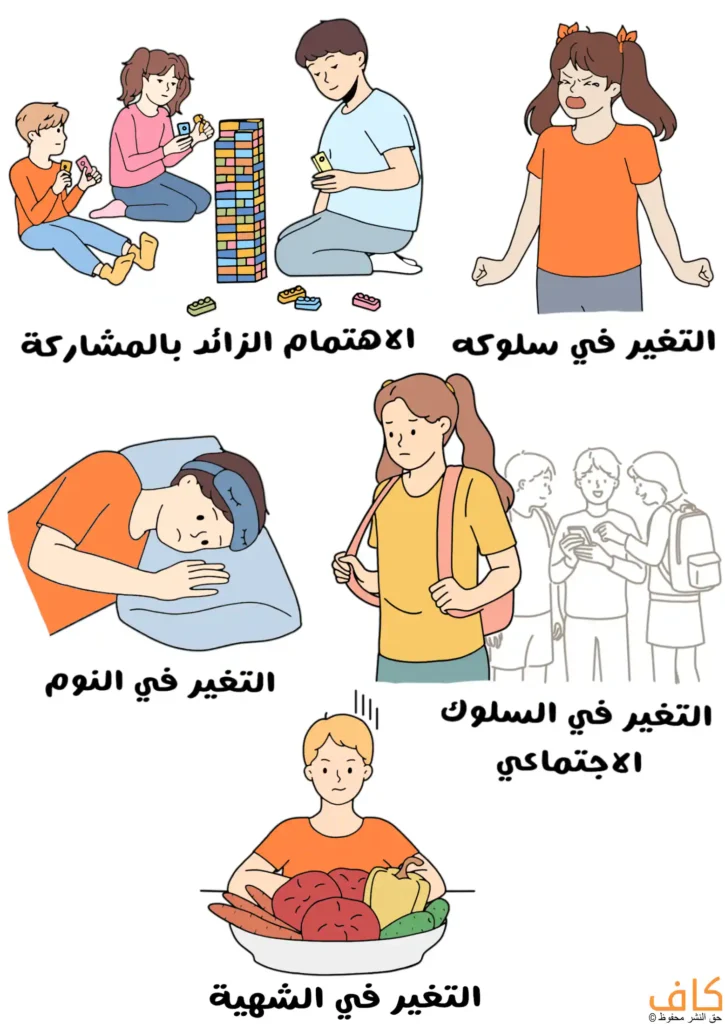 رسم توضيحي يُظهر طفلان وطفلة يجلسون على الأرض ويلعبون بقطع ملوّنة وبرج مكعبات مع تركيز شديد، وطفلة تقف غاضبة بقبضتي يد مشدودتين وتعابير انفعال، وطفل ينام على وسادة مع غطاء عين، وطفلة تحمل حقيبة ظهر وتنظر بتردد بينما يقف أطفال آخرون خلفها، وطفل يجلس أمام طبق طعام مليء بالخضار وينظر إليه بتردد.