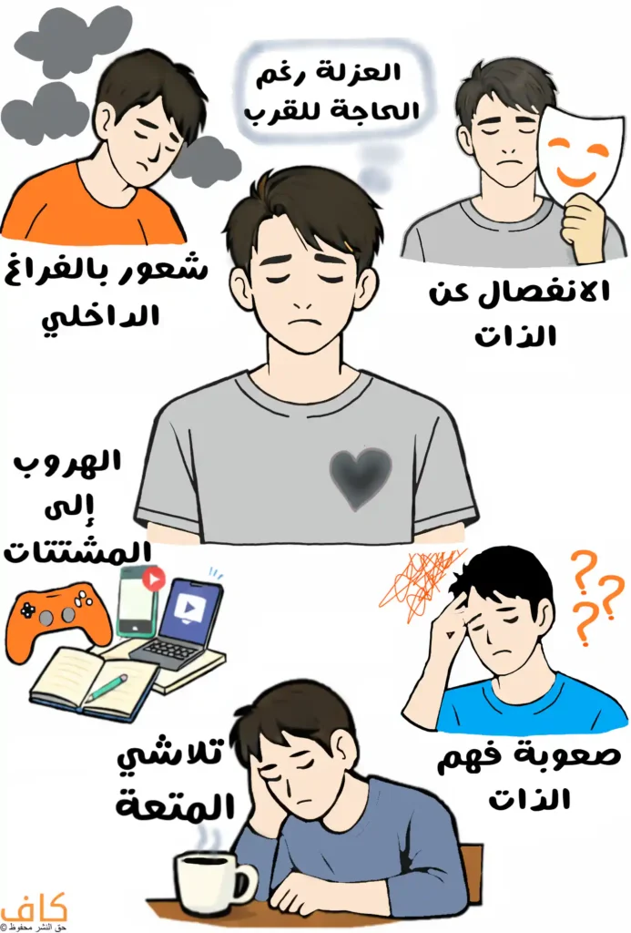 رسم توضيحي يُظهر شابًا حزينًا في الوسط تحيط به مشاهد فرعية لفراغ داخلي، والانفصال عن الذات، والهروب إلى المشتتات، وتلاشي المتعة، ويُعبّر عن علامات قد تدل على الفراغ العاطفي.