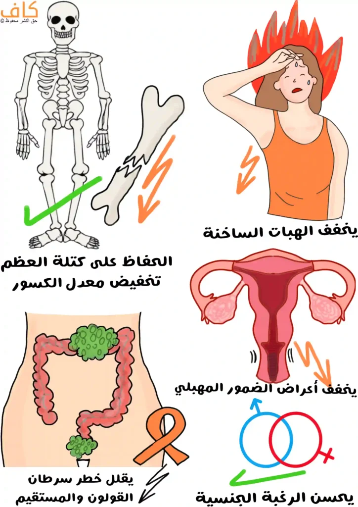 رسم توضيحي يُظهر هيكلًا عظميًا بجانبه عظمة مكسورة، وامرأة تمسح العرق عن جبينها وسط لهب، وصورة للجهاز التناسلي الأنثوي، وجزء من القولون يحتوي على كتلة، ورمز العلاقة بين الجنسين الذكر والأنثى.