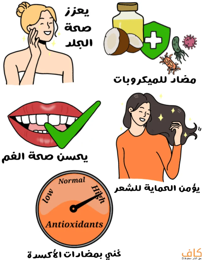 رسم توضيحي يُظهر عدة رموز وفوائد مرسومة؛ امرأة تلمس خدها مع لمعان يدل على نضارة الجلد، وزجاجة زيت مع ثمرة جوز هند ودرع يحمل علامة طبية تحيط به رسومات ميكروبات، وفم بأسنان ظاهرة مع علامة صح خضراء، وامرأة ذات شعر طويل لامع تمسك بشعرها، ومؤشر دائري يُظهر مستوى مرتفعًا من مضادات الأكسدة.