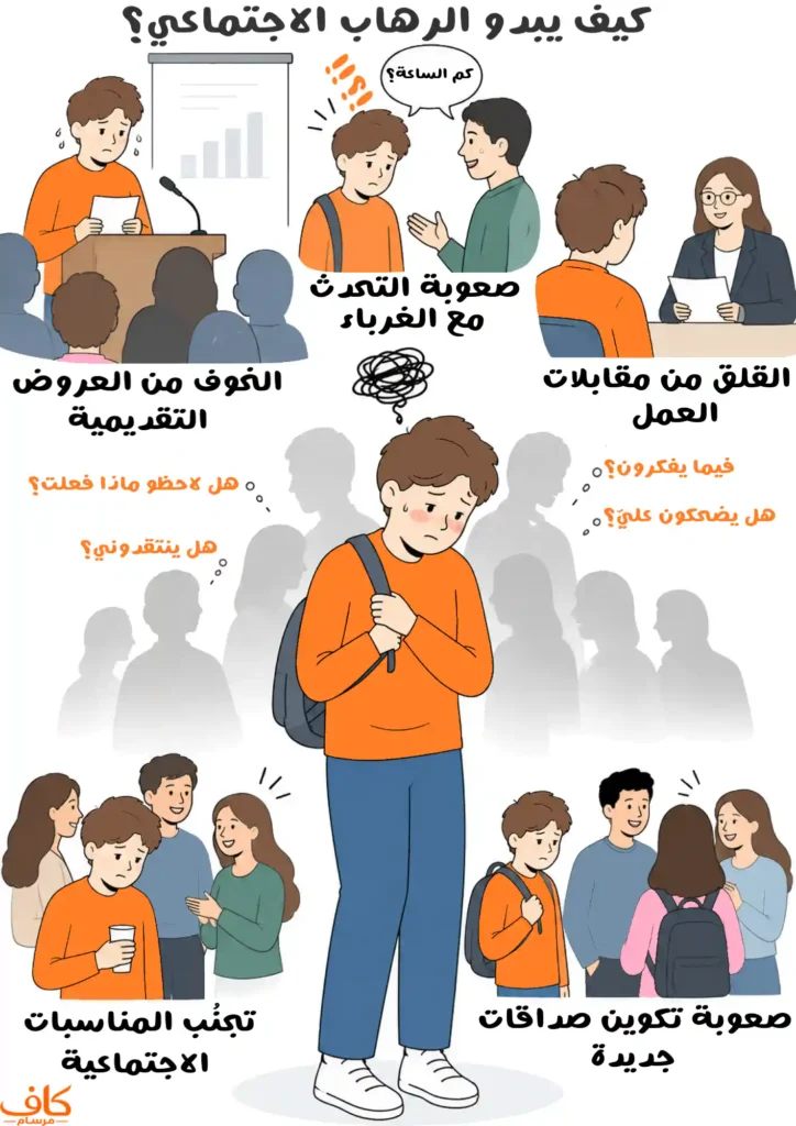 رسمة توضيحية للرهاب الاجتماعي، تظهر شخصًا يشعر بالخوف والتوتر أمام الآخرين ويخشى مراقبتهم وانتقادهم، مع أمثلة على صعوبة التحدث مع الغرباء، والعروض التقديمية، ومقابلات العمل، والمناسبات الاجتماعية وتكوين صداقات جديدة.