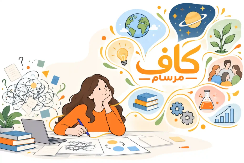 رسمة تجريدية تعبّر عن فكرة كاف مرسام في تحويل الأفكار والمفاهيم إلى رسومات توضيحية.