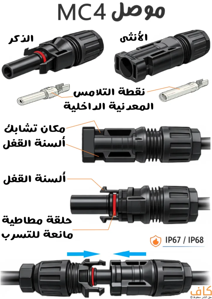 رسم توضيحي يُظهر أجزاء موصل MC4 الذكر والأنثى مع نقاط التلامس المعدنية وألسنة القفل والحلقة المطاطية، ويُبيّن تركيب موصلات الألواح الشمسية وآلية إحكامها ضد الماء.