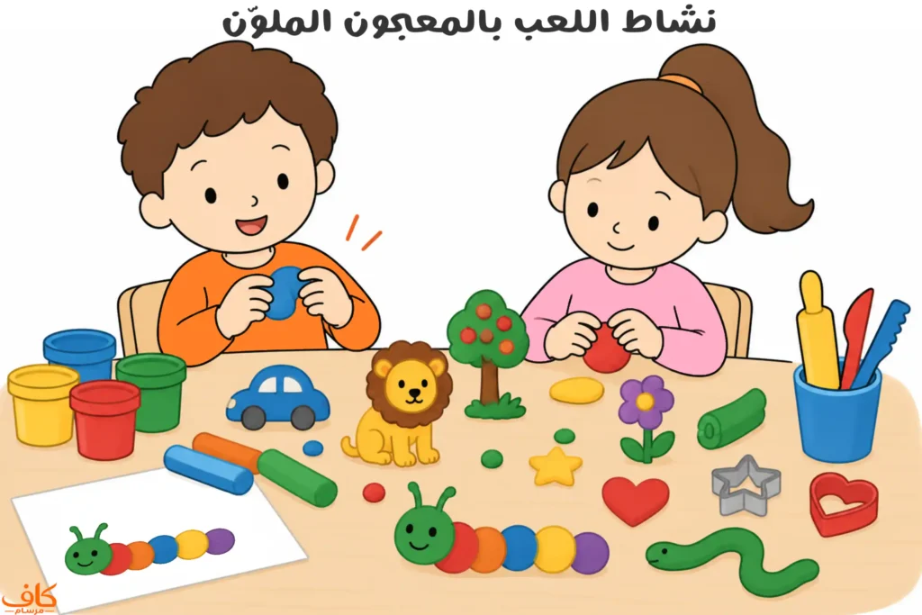 رسمة توضيحية لنشاط تشكيل المعجون الملون للأطفال، يظهر فيها طفلان يشكلان المعجون بأيديهما ويصنعان أشكالًا مختلفة باستخدام الألوان والأدوات.