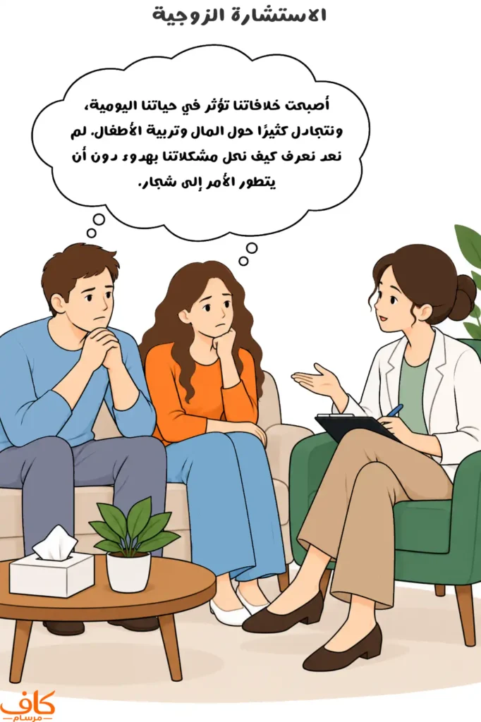 زوجان يجلسان أمام مرشدة نفسية خلال جلسة استشارة زوجية، ويبدوان منشغلين بالخلافات المتكررة وصعوبة التواصل والاتفاق على الأمور المشتركة.