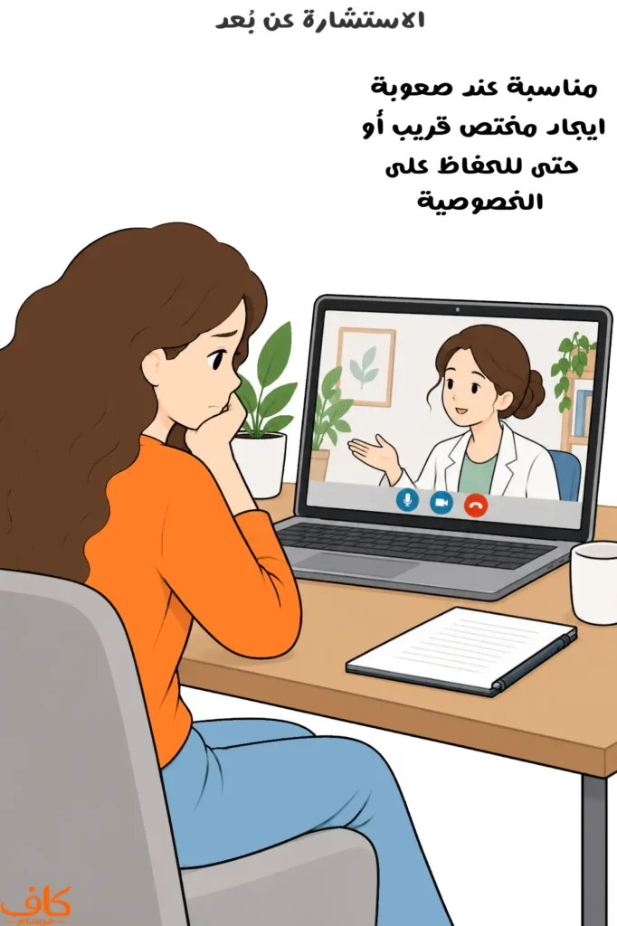 امرأة تجلس أمام حاسوب محمول في منزلها وتتواصل عبر مكالمة فيديو مع مرشدة نفسية، في جلسة استشارة نفسية عن بُعد.