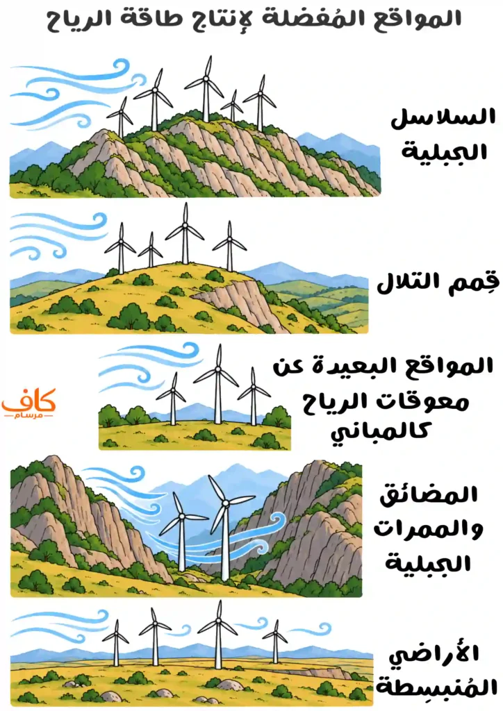 رسمة توضيحية توضح المواقع المناسبة لإنشاء محطات طاقة الرياح، وتشمل السلاسل الجبلية المواجهة للرياح السائدة، قمم التلال الخالية من العوائق، المناطق البعيدة عن المباني والأشجار العالية، الممرات الجبلية ذات الرياح القوية، والسهول المرتفعة، مع إظهار حركة الرياح على شكل نفحات زرقاء.