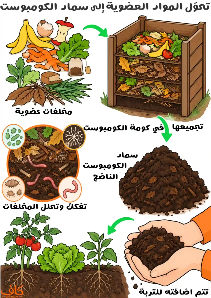 رسم توضيحي يشرح مراحل تكوّن سماد الكومبوست، بدءًا من جمع مخلفات الطعام والنباتات ووضعها في كومة الكومبوست، ثم تحللها بواسطة الكائنات الدقيقة والفطريات وديدان الأرض، وتحولها تدريجيًا إلى مادة عضوية داكنة ناضجة تُستخدم لتحسين التربة ودعم نمو النباتات.