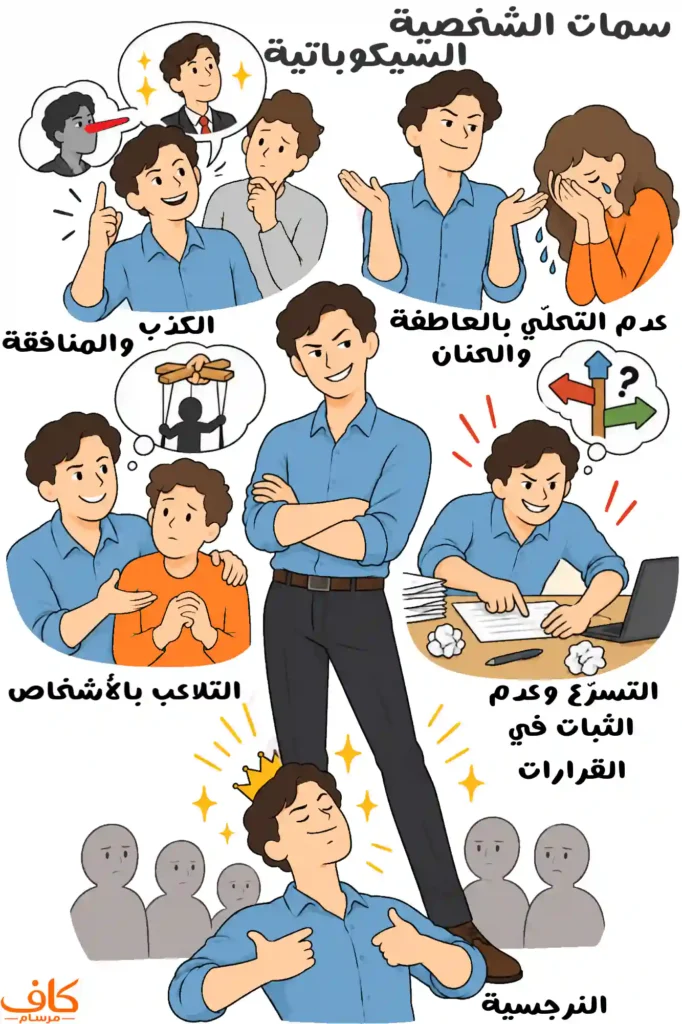 رسمة توضيحية تلخص أبرز سمات الشخصية السيكوباتية، وتشمل النرجسية، وعدم التحلي بالعاطفة والحنان، والكذب والمنافقة، والتسرع وعدم الثبات في القرارات، والتلاعب بالأشخاص واستغلال نقاط ضعفهم.