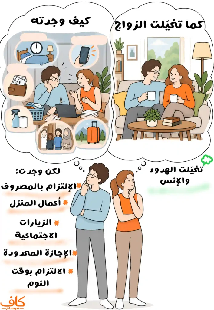رجل وامرأة يفكران في الفرق بين الصورة التي تخيلاها للزواج، القائمة على الأنس والهدوء والتفاهم، وبين الحياة الزوجية اليومية بما فيها من اختلافات حول النوم والهاتف والإنفاق وأعمال المنزل والزيارات والإجازات.